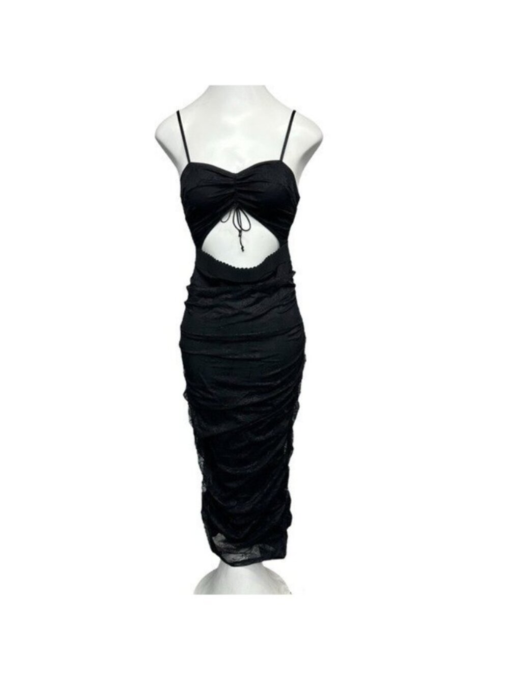 For Love And Lemons‎ S Poison Ruched Dress Black Lace Midi Cutout Stretch NWT